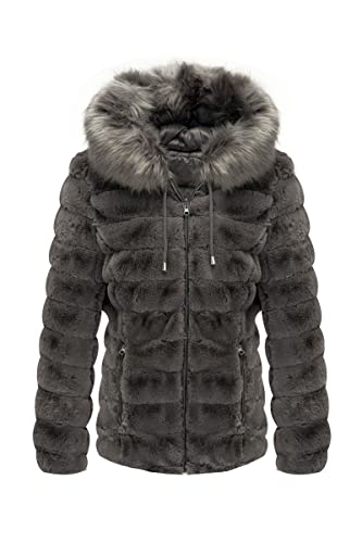 Bellivera Women Double Sided Faux Fur Jacket Reversible Winter with Fur Collar Hood Puffer Coat Worn on Both Sides 19225 Gray M