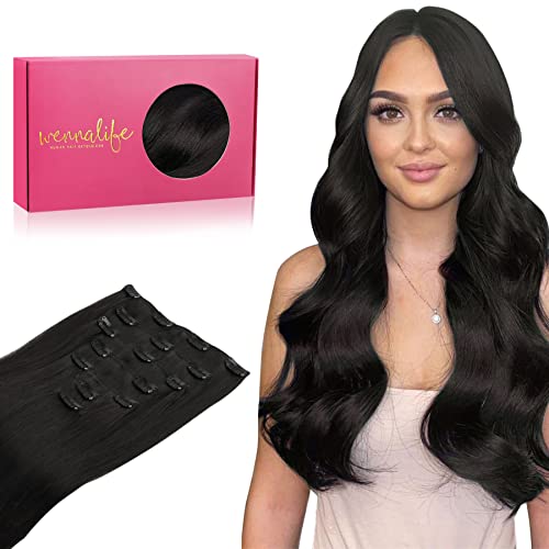 WENNALIFE Clip in Human Hair Extensions, 18 Inch 120g 7pcs Natural Black Hair Extensions Clip In Human Hair Remy Clip in Hair Extensions Real Human Hair Double Weft