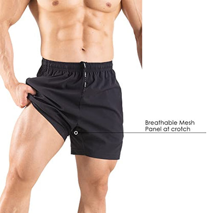 Gaglg Men's 5" Running Shorts 2 Pack Quick Dry Athletic Workout Gym Shorts with Zipper Pockets Black/Green,Large