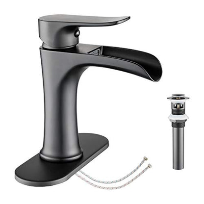 Waterfall Bathroom Faucet Black YUNDOOM Matte Black with Pop Up Drain Single Handle One Hole or Three Holes Vanity Farmhouse RV Vessel Basin Faucet Deck Mount