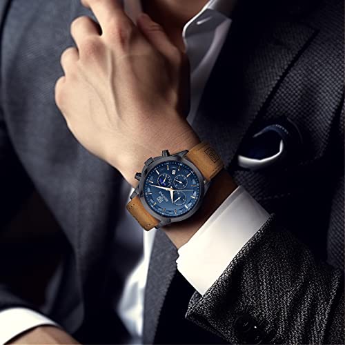 BY BENYAR Men's Watches Waterproof Sport Military Watch for Men Multifunction Chronograph Black Fashion Quartz Wristwatches Calendar with Leather Strap