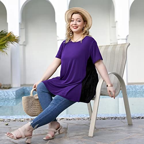 LARACE Short Sleeve Shirt For Womens Summer Clothes Lace Tunic Tops To Wear With Leggings Casual Plus Size Blouses(Deep Purple 1X)