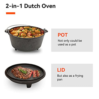 Keleday Dutch Oven 8 Quart Cast Iron Dutch Oven with Lid for Outdoors and Indoor Use Pre-Seasoned Camping Cookware Pot with Lid Large Dutch Oven for Frying Griddling Stewing