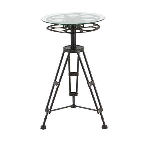 Deco 79 Metal Film Reel Accent Table with Tripod Legs and Glass Top, 15" x 15" x 25", Brown