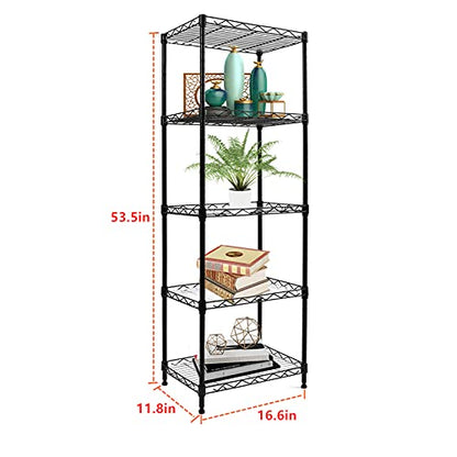 REGILLER 5-Wire Shelving Metal Storage Rack Adjustable Shelves, Standing Storage Shelf Units for Laundry Bathroom Kitchen Pantry Closet(Black, 16.6L x 11.8W x 53.5H)