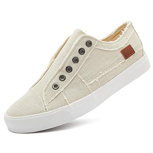 Women's Slip on Shoes Fashion Canvas Sneakers Non Slip Low Top Casual Shoes(Beige.US8)