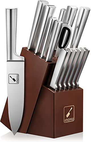 Knife Set - imarku Kitchen Knife Set 15 Piece Japanese Stainless Steel Knife Block Set with Sharpener - Dishwasher Safe Kitchen Knives - Ultra Sharp Chef Knife Set for Kitchen, Silver