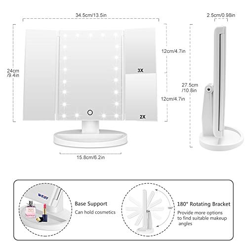 WEILY Makeup Mirror with 21 LED Lights,Two Power Supply, Touch Screen and 1x/2x/3x Magnification Tri-Fold Vanity Mirror, Gift for Women(White)