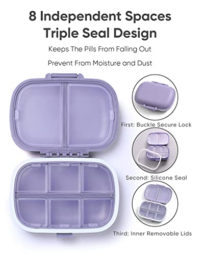 Holii Travel Pill Organizer, 8 Compartments Portable Pill Case, Daily Pill Box to Hold Vitamins, Small Pill Container for Pocket Purse Medicine Organizer（Purple）