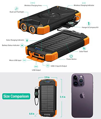 BLAVOR Solar Charger Power Bank, Qi Wireless Charger 10,000mAh External Battery Pack Type C Input Output Dual Super Bright Flashlight, Compass Carabiner, Solar Panel Charging (Orange)