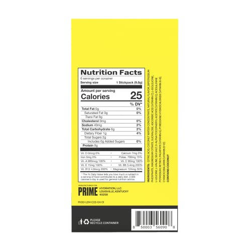 Prime Hydration+ Stick Pack | LEMONADE | 6 Sticks | Electrolyte Drink Mix | 10% Coconut Water | 250mg BCAAs | Antioxidants | Naturally Flavored | Zero Added Sugar | Easy Open Single-Serve Sticks