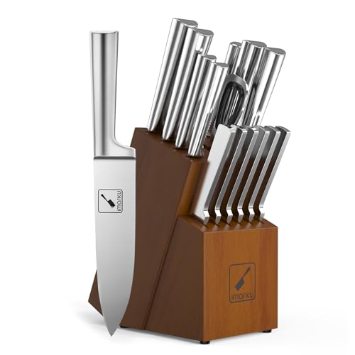 Knife Set - imarku Kitchen Knife Set 15 Piece Japanese Stainless Steel Knife Block Set with Sharpener - Dishwasher Safe Kitchen Knives - Ultra Sharp Chef Knife Set for Kitchen, Silver