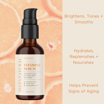 InstaNatural Vitamin C Face Serum, Brightens, Hydrates and Reduces Signs of Aging, with Vitamin C, Hyaluronic and Ferulic Acid, 1 FL Oz