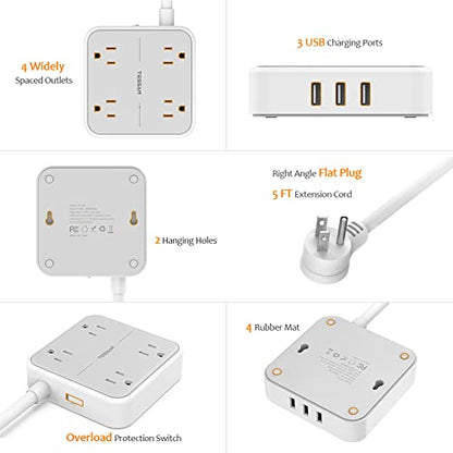 Power Strip with 3 USB Ports, TESSAN 5 ft Extension Cord Flat Plug with 4 Outlets, Indoor Desk Charging Station, Mountable Compact for Travel, Cruise Ship, Office, School, Dorm Room Essentials