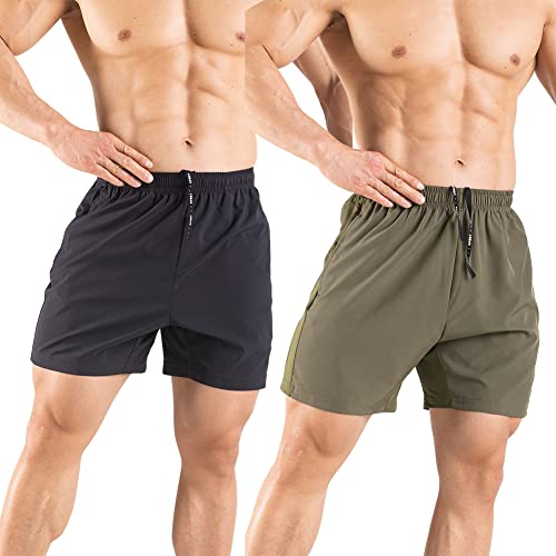 Gaglg Men's 5" Running Shorts 2 Pack Quick Dry Athletic Workout Gym Shorts with Zipper Pockets Black/Green,Large