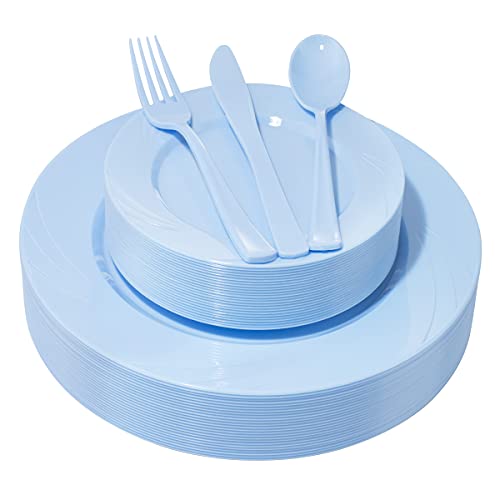 YOUBET 125Pieces Blue Plastic Plates-Blue Plastic Silverware-Include 25 Dinner Plates 25 Dessert Plates 25 Forks 25 Knives 25 Spoons- Blue Plastic Dinnerware for Parties