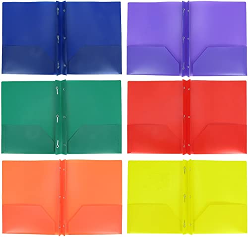 Plastic Folder Set with Prongs 2 Pocket, 6 Folders, Assorted Colors