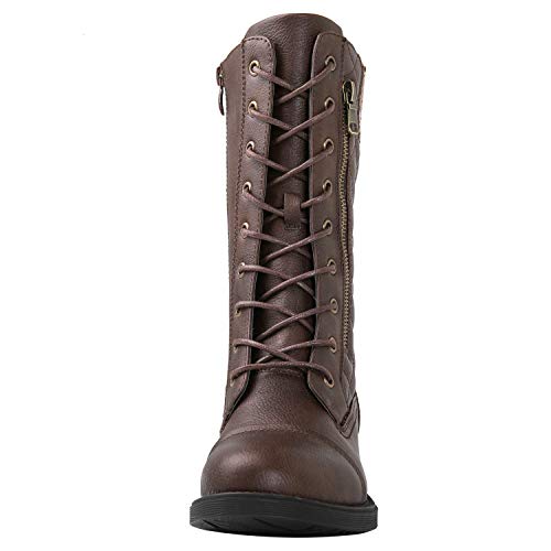 GLOBALWIN Women's Brown Mid Calf Fashion Boots Low Heels Boots Lace Up Combat Boots For Women 8M