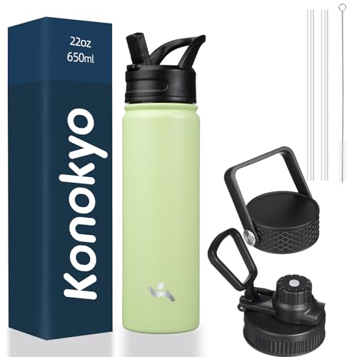 Konokyo Insulated Water Bottle with Straw,22oz 3 Lids Metal Bottles Stainless Steel Water Flask,Macaron Green