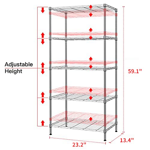 SINGAYE 5 Tier Adjustable Storage Shelf Metal Storage Rack Wire Shelving Unit Storage Shelves Metal 660Lbs Capacity 23.6" W x 14" D x 59.1" H for Pantry Closet Kitchen Laundry Silver