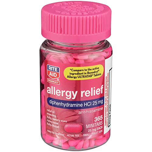 Rite Aid Antihistamine Allergy Relief with Diphenhydramine | Allergy Medicine | Easy-to-Swallow Small Tablet Size Allergy Relief | Common Cold & Respiratory Allergy Medication (365 Count)