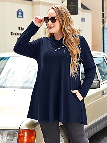 LARACE Cowl Neck Sweatshirts For Women Plus Size Tops With Pockets Long Sleeve Tunic Casual Pullover Button Down Shirt, Navy Blue M