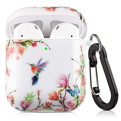 Airpod Case Hummingbird Flowers, Shockproof Hard Case Cover with Keychain for Apple Airpod Case 2nd 1st Generation, Case for Airpod Boys Girls, Front LED Visible, Support to Wireless Charging