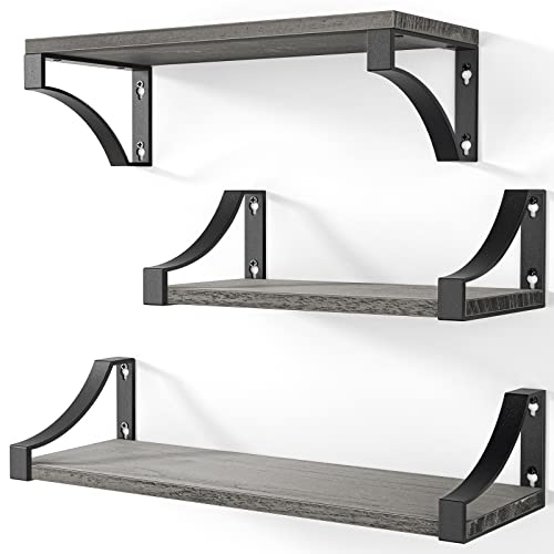 AMADA HOMEFURNISHING Floating Shelves Set of 3 with Heavy Duty Metal Frame, Hold up to 55lbs, Rustic Wood Wall Shelves for Bedroom, Bathroom, Living Room, Kitchen, Storage & Decoration, Gray