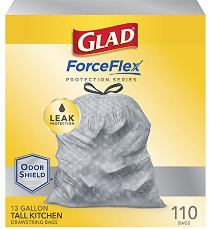 Glad ForceFlex Protection Series Tall Kitchen Drawstring Trash Bags, 13 Gal, 110 Ct, Pack May Vary