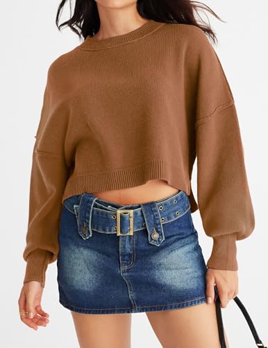 MEROKEETY Womens Cropped Sweaters Causal Crewneck Batwing Sleeve Knit Top Side Split Oversized Pullover Sweater Jumper Brown Large