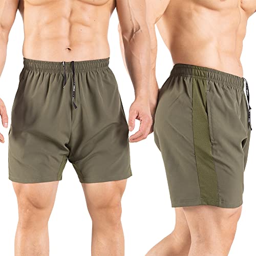 Gaglg Men's 5" Running Shorts 2 Pack Quick Dry Athletic Workout Gym Shorts with Zipper Pockets Black/Green,Large