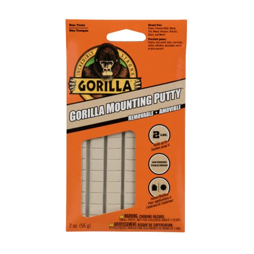 Gorilla Mounting Putty, Non-Toxic Hanging Adhesive, Removeable & Repositionable, 84 Pre-Cut Squares, 3pk - 2oz/56g, Natural Tan Color, (Pack of 3)