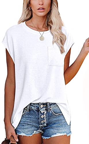 CNFUFEN Womens Tops Short Sleeve Casual Clothes Solid Color Shirts for Women 2023 Ladies Tops Short Sleeve with Pockets Summer Teacher Shirts White M