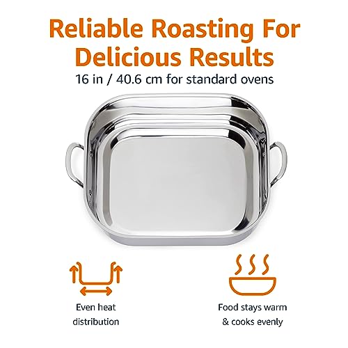 Amazon Basics Stainless Steel Rectangular Roasting Pan with Rack, 16-Inch