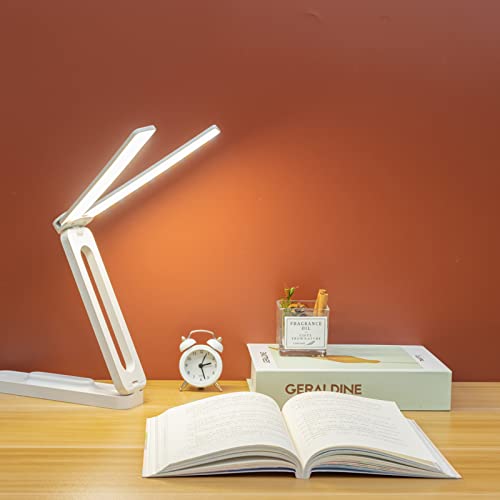 LuxLumin Double Head Desk Lamp with Large Lighting Range,Mini Lamp for Small Spaces,Rechargeable Foldable and Portable Desk Lamp with USB-C Cable for Travelling,Small Desk Lamp for College Dorm, White