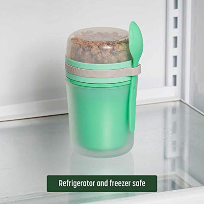 Goodful Double Wall Insulated Yogurt Container, Leak Proof Food Storage, Snack Container with Reusable Plastic Spoon, Microwave Safe, Dishwasher safe, Freezer Safe, 14-Ounce, Green