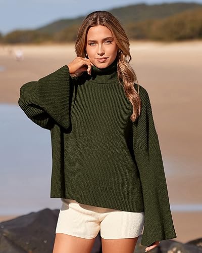 BTFBM Women's Turtleneck Pullover Sweaters 2023 Fall Winter Bell Long Sleeve Slouchy Oversized Ribbed Knit Jumper Tops(Solid Army Green, X-Large)