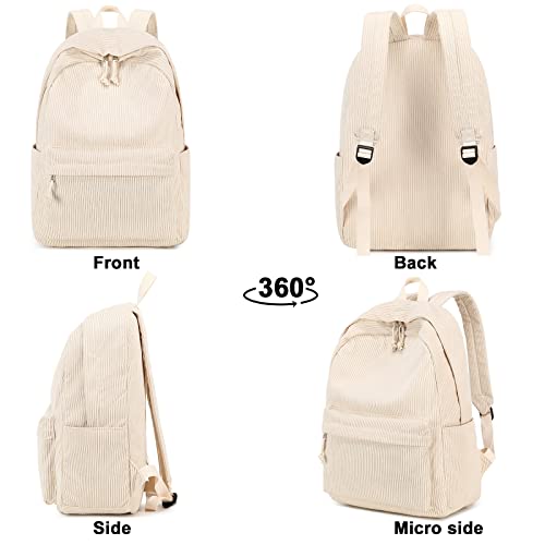 School Backpack for Teens Large Corduroy Bookbag Lightweight 17 inch Laptop Bag for Girls Women Casual High School College (Corduroy-Beige)