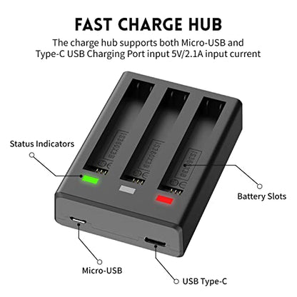 2 Packs Replacement Insta 360 x3 Battery 1800mAh and Battery 3-Channel Fast Charge Hub(CINSAAQ/A) Compatible with Insta 360 x3 Accessories High Capacity Electric Core (Fully Compatible with Original)