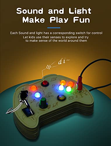 HOOLYUK Montessori Busy Board Toy for 1 2 3 Year Old Boy, Wooden Controller Sensory Toy for Autistic Children with LED Light Up Buttons, Early Learning Fidget Toy Great for Gift