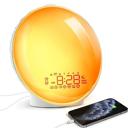 Sound Machine with Sunrise & Sunset for Adults Sleeping, White Noise Machine with 2 Alarm Clock, 10 Soothing Sounds, 17 Color Night Light, Adjustable Volume, Dimmable LED Display, FM Radio to Wake Up
