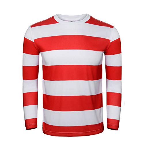 Adult Men Red and White Striped Tee Shirt Glasses Hat Outfit Suit Set Halloween Cosplay Costume Party Props (X-Large, Adult Men)