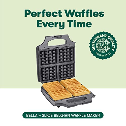 BELLA Classic Waffle Iron, 4 Square Belgian Waffle Maker, Non-stick Extra Large Plates for Easy Cleanup, Cool Touch Handles, Stainless Steel, Black, 1400W