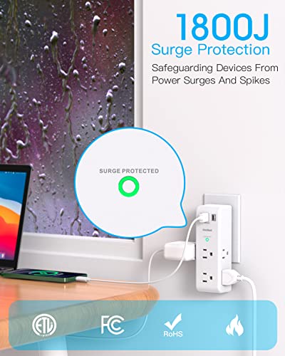 Surge Protector Outlet Extender - with Rotating Plug, 6 AC Multi Plug Outlet with 3 USB Ports (1 USB C), 1800 Joules, 3-Sided Swivel Power Strip with Spaced Outlet Splitter for Home, Office, Travel