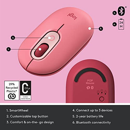 Logitech POP Mouse, Wireless Mouse with Customizable Emojis, SilentTouch Technology, Precision/Speed Scroll, Compact Design, Bluetooth, Multi-Device, OS Compatible - Heartbreaker Rose