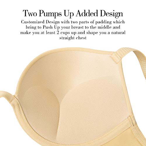 Wingslove Women's Push Up Bra Deep V Plunge Underwire T-Shirt Bra Multiway 2 Cups Up（Nude,36C