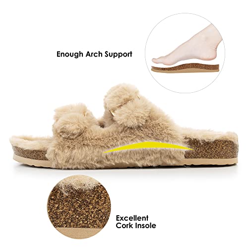 FITORY Womens Open Toe Slipper with Cozy Lining,Faux Rabbit Fur Cork Slide Sandals Camel Size 9