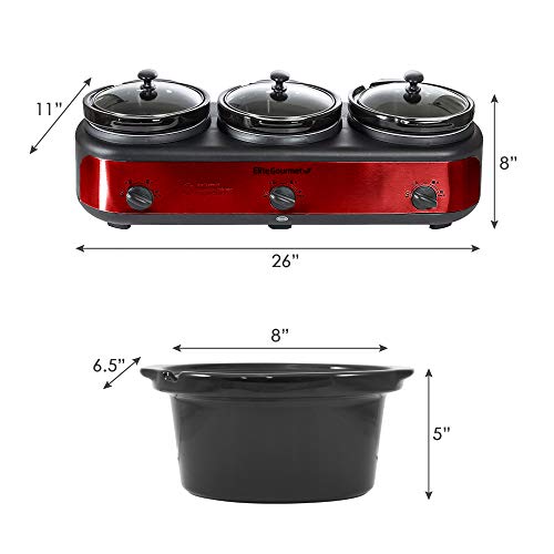 Elite Platinum EWMST-325R Maxi-Matic Triple Slow Cooker Buffet Server Adjustable Temp Dishwasher-Safe Oval Ceramic Pots, Lid Rests, 3 x 2.5 Qt Capacity, Red