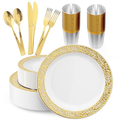 150 Count Gold Dinnerware Set, Elegant Plastic Plates Disposable Include: 25 Gold Lace Plastic Plates, 25 Dessert Plates, 25 Forks, 25 Knives, 25 Spoons, 25 Cup, Ideal for Party, Birthday