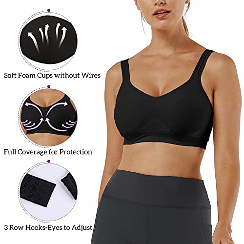 Vertvie Wirefree Bras for Women Seamless Full Cup Sports Bras Plus Size Bralette Adjustable Workout Bra for Everyday Wear(3 Pack-Black+White+Khaki,2XL)